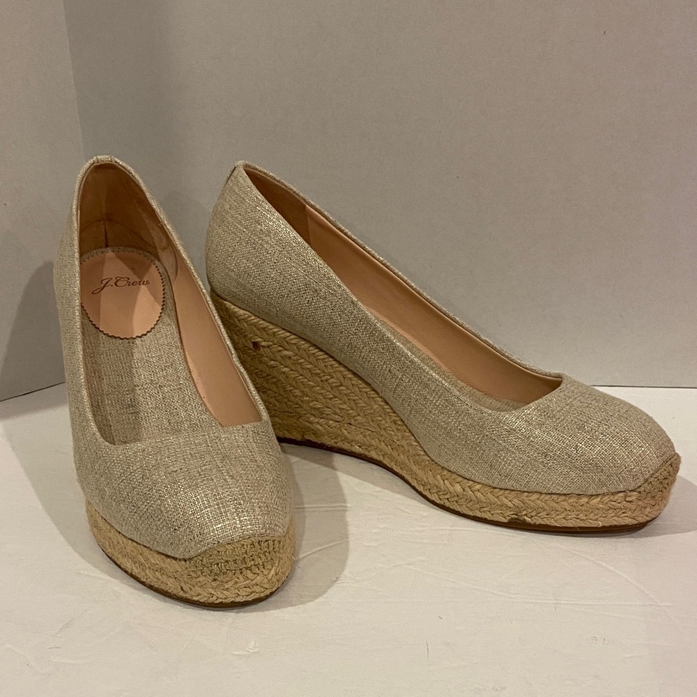 J Crew “Seville” Espadrille Wedges in Metallic Canvas